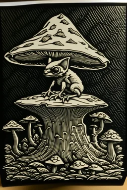 Linocut goblin sitting on toadstool