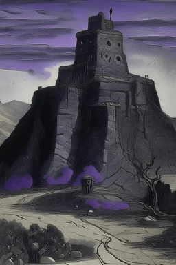 A purplish black fortress on a mountain designed in native American petroglyphs painted by Raymond Duchamp-Villon