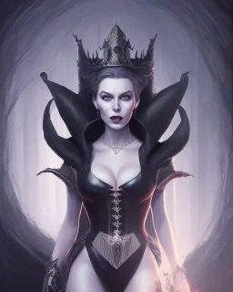 old evil queen in black leather gown, femme fatale, volouptous, busty, cleavage, angry, emperious, 8k resolution concept art portrait by Greg Rutkowski,