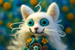 closeup, sharp focus, cute faced happy bioluminescent mohair fantasy steampunk animal cat creature, needle felt, big shiny blue eyes S<AI in sunshine, flower pattern background