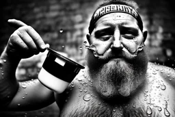 close up photography, dirty burly chubby Italian strong 48 years old homeless man, full of splashing milk in the face dripping on the beard, with dirty tank top, emotional eyes, manly chest, photo, Canon EOS, lens 35mm, natural lights, 8K, in the morning