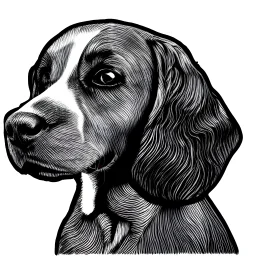 cartoon line drawing of spaniel standing in profile in black and white no background