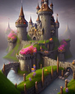 medieval fantasy castle town with flowers rpg art