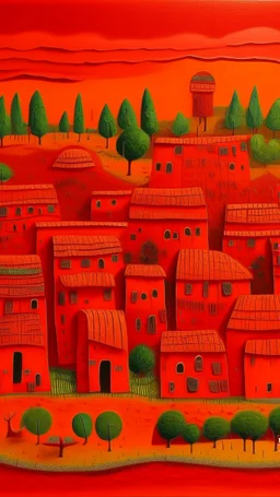 An orangish red spongy village designed in Kuna molas painted by Jeffrey Kolker