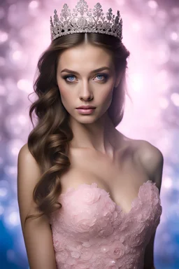 dark brown wood panel background with an overhead spotlight effect, 18-year-old female, Spibby Bloobles, Blue eyes, head and shoulders portrait, wearing a pink, lacey Prom dress with a tiara, full color -- Absolute Reality v6, Absolute reality, Realism Engine XL - v1