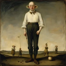 Weird stranger in suspenders and odd onion shaped pants, by Odd Nerdrum and Hieronymus Bosch, quirky, sinister, creepy