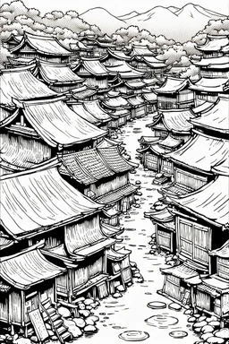 Japanese shanty town, line arts, manga style