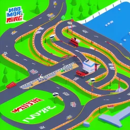 isometric map of curved racetrack, game level, attention to height and tunnels