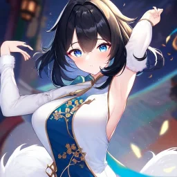 Clear focus,High resolution, Black short fluffy hair, and blue eyes, wearing a Chinese Traditional outfit dark green with black, Blushing, Hand up, white fur around her neck