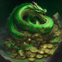 A green dragon coiled around a pile of treasure