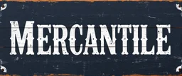 fill composition with large and wide historical hand painted old western sign that reads: "MERCANTILE" white on black with inset white stripe boarder aged paint on wood sanserif