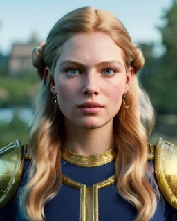 Portrait of a pretty golden haired Viking woman, happy, pretty blue eyes, dark brown eyebrows, feminine, exquisite ornamental golden armor, 8k, unreal engine 5, octane render, dynamic lighting, extreme detail, in the style of Caravaggio