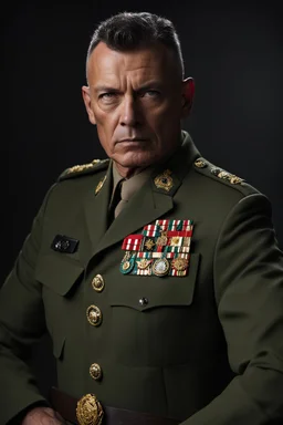 portrait of a 50 year old evil military commander. Cruel expression, dark crew cut hair,