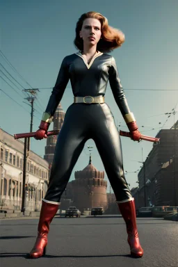 retro portrait image from 1960, Moscow background, wind, long red hair, fighting stance, sweet young Scarlett Johansson, classic black tight lycra suit, weapon, gold bracelet and belt, high heel boots, soft color, highly detailed, unreal engine 5, ray tracing, RTX, lumen lighting, ultra detail, volumetric lighting, 3d, finely drawn, high definition, high resolution.