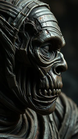 Busch painting style nightmare, a zoomed side view of the mummy by his face skin is a rusted broken metallic skin texture in a 3d rendering full-height image of a grim and dark scene. Ensure the final images exhibit the utmost quality, encompassing 4K, 8K, and 64K resolutions, with 3D rendering that manifests in photorealistic, hyperrealistic, and highly detailed representations. Employ techniques such as HDR, UHD,