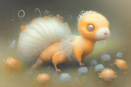 Artist Jean-Baptiste Monge style. A pale orange white little Puschelwuschelkuschel creature on a meadow with pale blue filigree tendrils flowers.