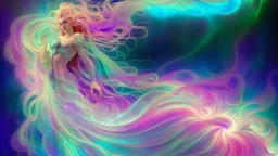 A cosmic goddess emerging from a swirling nebula, eyes filled with ancient wisdom and starlight, hair cascading like liquid galaxies adorned with shimmering constellations, dressed in a flowing, star-studded gown. A digital painting in the style of Alphonse Mucha, Syd Mead and Simon Stalenhag, with luminous brushstrokes, intricate detail and volumetric lighting, mixing elements of Art Nouveau and science fiction, hyper-detailed, ethereal and divine. masterpiece, 8k resolution, dark fantasy conce