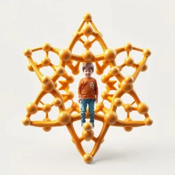 a 3d structure fractal based on tiangles with small spheres at joints ,with a 8 years old boy standing in center