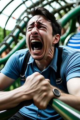 a guy in a roller coaster screaming and crying and vomiting