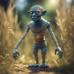 electric egyptian mummy troll in the style of Escher, in t-pose made from tinted murano glass in long grass ,bokeh like f/0.8, tilt-shift lens 8k, high detail, smooth render, down-light, unreal engine,bokeh like f/0.8, tilt-shift lens 8k, high detail, smooth render, down-light, unreal engine