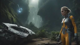 Wide-angle, woman with straight hair, dressed like a robot, with equipment in her hands, next to a crashed spaceship, in a clearing on an alien jungle world