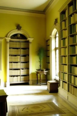 A pale orangish yellow library with olive trees painted by Michelangelo di Lodovico Buonarroti Simoni