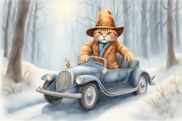 Cute little happy cat scarecrow riding a luxury car, forest path background, winter, snowflakes swirling, waterfall, reflection, mist, sunrise, smooth intricate photorealistic hyperrealistic high definition beautiful lighting pencil sketch watercolor dramatic lighting storybook illustration polished Deep shadows deep color warm light shiny glitters