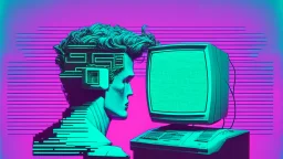 synth-wave, man with monitor as head, iconic:1.8),