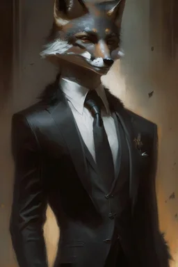 a fox in black suit in the style of Aleksi Briclot, Charlie Bowater, Dean Cornwell, and Pino Daeni