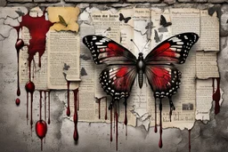 a bleeding black velvet butterfly is pinned to an old, dirty wall with a large shiny nail, red blood flows from the butterfly's wings and body, next to it on the wall are old, yellowed, cut-out newspaper articles about missing children, dirty fingerprints and drops of blood on the cracked, old gray-white wall , intricate details, sharp focus, cinematic, surreal, hauntingly beautiful, perfect composition