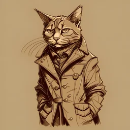 design of a humanized cat in bronze colored trench coat