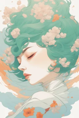wind blowing from below, portrait of beautiful woman with short green hair, tears flowing upwards into the sky, loose lines, flowers, smoke, pastel orange and pastel blue, sense of liberation, concept art, art by james jean, takato yamamoto, 4k, concept art, illustrative