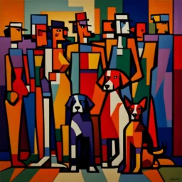 Cubist painting of humans and dogs standing next to each other in different colors and sizes, Cubist painting by Kees Maks, featured on dribble, informal art, cubism, picasso, art on instagram