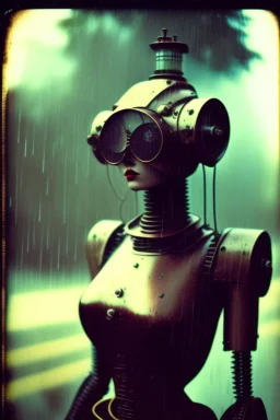 steampunk, vintage analog polaroid of a woman robot, female body, fog, lomography, heavy film grain, rain, color bleed, depth of field, bokeh, retro