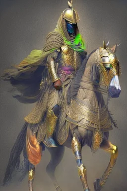 Arab warrior Full Body Full Armored Wearing Face Masculine Mysterious Powerful Fantasy High Quality Carrying his bow Golden clothes His horse behind him