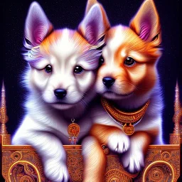 3d cute puppies, beautiful rich, detailed yin and yang symbol, shiny, intricate, gorgeous, ultrafine detail, hyperrealism, trending , sharp focus, intricate details, highly detailed, glowing, glitter, complementary colours