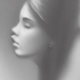 moody tiny charcoal side profile portrait of a beautiful woman, smudged charcoal, side on profile, charcoal portrait, artistic black and white profile portrait, delicate, highly detailed, chiaroscuro, beautiful composition, delicate arrangement, aesthetic, soft lighting, tender