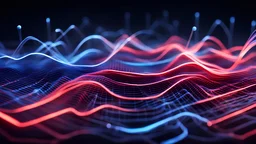 Musical Wave , dnb letters on center , Sound Wave, (Blue to Red gradient color on horizontal ) LED network lines , Realistic 3D Render, Macro, mesh, wave network, geometric, Nikon Macro Shot, Kinetic, Fractal, Light Led Points, Generative, Neural, Computer Network, Connections,