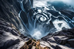 at the base of the rocky mountain peninsula, a great whirlpool waterfalls into deeper unknown depths