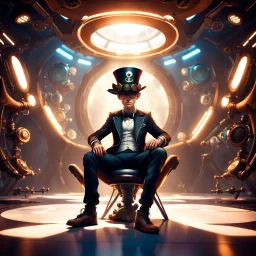 In a futuristic room, designed in a Pixar Disney style, a cool guy is sitting on a chair. The floor has a subtle shadow, adding depth to the image. The chair is placed at the center of the room, and the guy is dressed in stylish Steampunk fashion, including a fancy hat. The entire picture exudes a creative and entertaining atmosphere, as Avatar