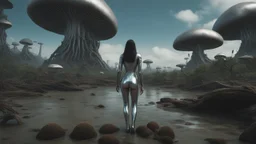 Wide-angle shot of a woman, standing on the right side of an alien beach, with dark hair in a silver robotic catsuit, lots of large floating mushrooms with long tentacles, alien jungle trees in the distance