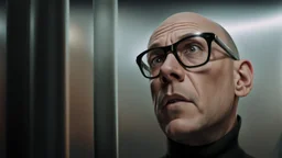 A striking, photorealistic portrait of Chris, a middle-aged european man with a slightly shaven head , wearing black square glasses, black shirta and makes a scared face. The background reveals a futuristic neon light, designed with modern, sleek lines and advanced technology. The overall ambiance gives off a sense of professionalism and cutting-edge innovation., photohigh detalied, sharp focus, professional photo