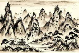 Vintage Watercolor of landscape of china. Paper background. Black ink