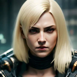 Photorealistic headshot of a beautiful fierce blonde assassin cyberpunk dynamic pose