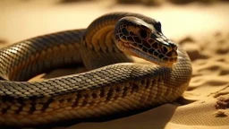 Highly detailed medium shot of a snake, sand, hot, scales, tail, rattle, sun