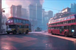 cyberpunk double-decker bus, misty, hyper-realistic, hyperdetailed, high-octane render, wide shot