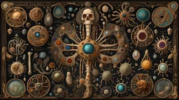 (colorful detailed schematic:1.5) of parasitic microscopic organisms, Eerie, Painted bone, antique (parchment with jeweled edges:1.5), filigree, museum setting, Dark Fine Arts, Morbid Fine Arts, Macabre Fine Arts, 16k Resolution, Trending On Artstation, High Quality, Sharp Focus, Intricate Details, Intricate Patterns, Chaotic, Dynamic Lighting, Backlit, Professional Photography, Canon Lens, Full Figure Shot, Deep Color, yellow and purple and cyan Hour