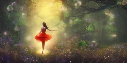 beautiful lady, dancing in a enchanted forest at nite, fotorealistic, high quality, landscape, fireflies