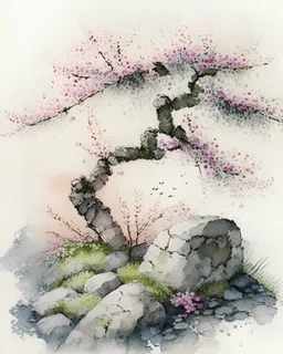 japanese style watercolor of a Japanese garden, moss-covered stones, a delicate cherry blossom tree in bloom, realistic tones, some splatters
