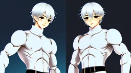 Satoru Gojo is a young tough guy white hair blue eyes black turtleneck without arms white loose pants in a defensive pose